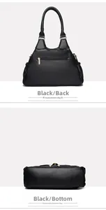 Vue détaillée du sac à main noir avec poche arrière zippée et base rectangulaire stable