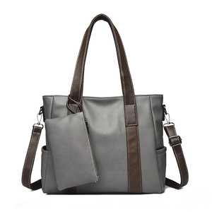 Retro contrast color soft leather tote bag set with detachable strap and small pouch