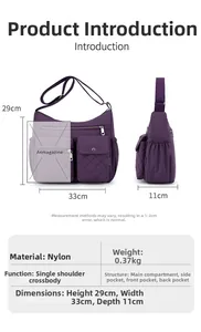 Detailed size specifications for the large capacity purple nylon crossbody shoulder bag