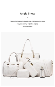 White crocodile pattern 6-piece handbag set featuring tote bag and shoulder bag detail