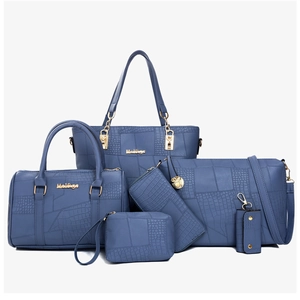 Blue 6-piece crocodile texture handbag set with elegant gold-tone hardware and logo
