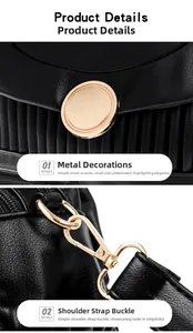Détail des accessoires dorés et des crochets de bandoulière sur le sac en cuir noir chic