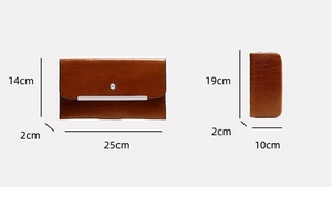 Detailed size specifications for brown leather envelope clutch and embossed wallet bag