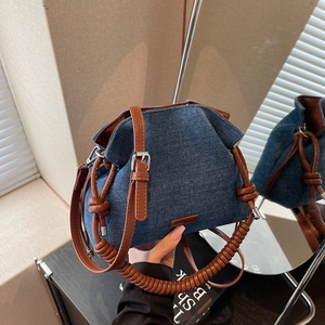 Retro Denim Bucket Bag With Spiral Handle Pleated Drawstring Shoulder Crossbody Purse For Women Casual Fashion