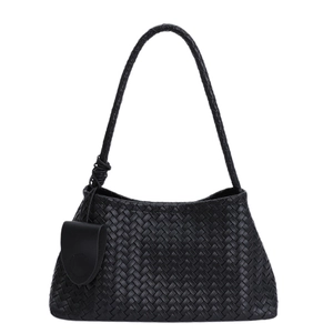 Classic black woven leather shoulder bag with matching mini pouch and knot detail