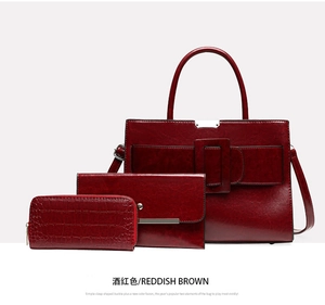 Detailed set of reddish brown tote bag, clutch and crocodile texture wallet in 3-piece set