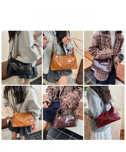 Collage of glossy leather shoulder bags in black, burgundy and brown for daily commute