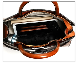 Top view detail of brown tote bag showing large capacity interior for tablet and essentials