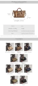 Size guide for fabric handbag showing dimensions 27cm x 16cm x 7cm with weight details
