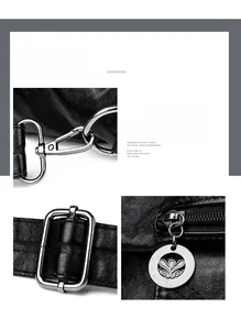 Close-up of durable silver metal hardware and engraved zippers on black leather bag