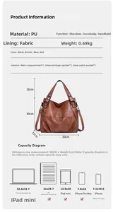 Internal structure of brown PU leather tote bag showing large capacity and size reference