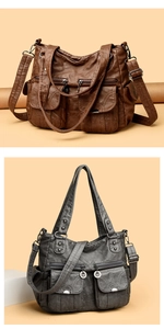 Detail view of retro soft leather tote bags with multiple pockets and silver hardware