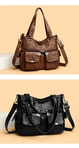 Detail of vintage soft leather tote bag showing multi-pockets and silver rivet hardware