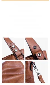 Detail of brown litchi pattern PU leather tote with metal rivets and sturdy swivel hooks