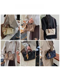 Multiple views of fashion tote bags in five colors with wooden bead charm on models