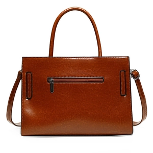 Brown vintage faux leather tote bag with top handle and back zipper pocket in high capacity