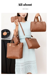 Five-piece brown leather handbag set featuring patchwork crocodile pattern and metal logo