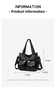 Detailed size information for this black vintage leather motorcycle tote bag with dimensions