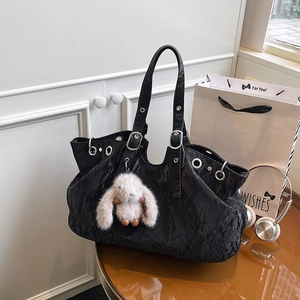 Crinkled PU Leather Large Capacity Tote Bag Metal Eyelets Adjustable Straps Retro Style Women Shoulder Bag Rabbit Pendant