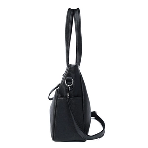 Large capacity black pebble leather shoulder bag for women shown from a side profile view