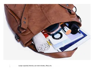 Detail view of large capacity brown tote bag interior with umbrella and tablet storage