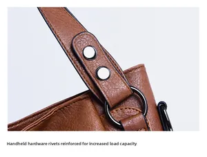 Detail of brown PU leather bag showing reinforced metal ring and silver rivet connection