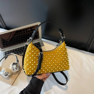 Women Underarm Hobo Bag Suede PU Leather With Artificial Pearl Beads Studded Punk Style Retro Shoulder Handbag Fashion