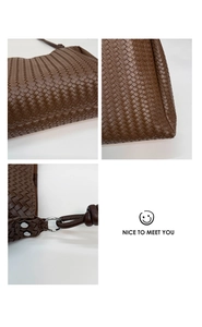Detailed views of brown woven leather texture and silver hardware on a bucket shoulder bag