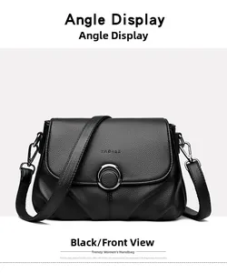 Close-up of black lychee-textured leather shoulder bag with silver round buckle