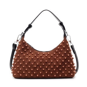Brown suede hobo bag with pearl bead accents and diamond quilted stitching detail