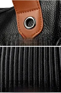 Gros plan sur la texture du cuir noir avec sangle marron et détails d'œillets métal