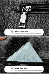 Détail de la fermeture éclair en argent et poche cachée sur le sac en cuir grainé noir