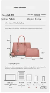 Size guide for PU leather tote bag set showing dimensions and storage capacity