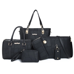 Black 6-piece set of crocodile embossed bags including tote and crossbody purses