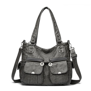 Vintage Women Tote Bag Multi-Pocket Large Capacity Soft PU Leather Motorcycle Style Shoulder Crossbody Handbag