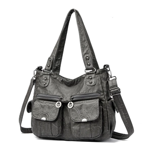 Retro charcoal grey soft PU leather motorcycle tote bag with multi-pockets and shoulder strap