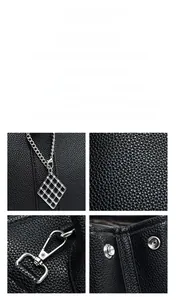 Detailed views of black pebble leather texture, silver metal chain and magnetic snap closure