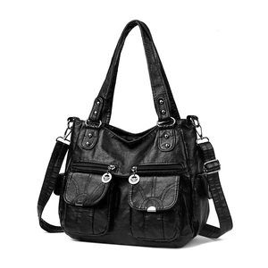 Vintage black soft leather multi-pocket tote bag with silver hardware and shoulder strap