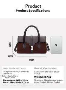 Detail view of large capacity vintage shoulder bag next to iPad mini for size scale reference