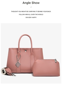Three-piece rose pink lychee leather tote set with wide shoulder strap and coin pouch