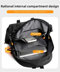 Close-up of black backpack interior with laptop compartment and striped lining