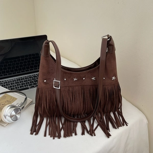 Vintage Boho Wildleder Fransen Umhängetasche Für Damen Mit Sternnieten Retro Hobo Schultertasche Große Kapazität Schick