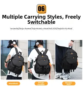 Versatile black tech backpack shown in three modes: handbag, shoulder, and double strap