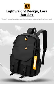 Detail of lightweight oxford fabric backpack with orange zipper pull and breathable mesh