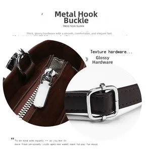 Close-up of silver metal zipper and dark brown leather strap buckle on suede bucket bag
