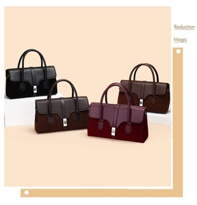 Detailed collection of vintage contrast leather handbags in black, coffee, burgundy and brown