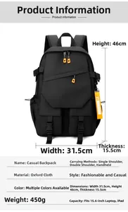 Detail view of large capacity black oxford backpack with 15.6 inch laptop compartment