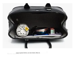 Top view of spacious tote interior with striped lining holding a tablet and essentials