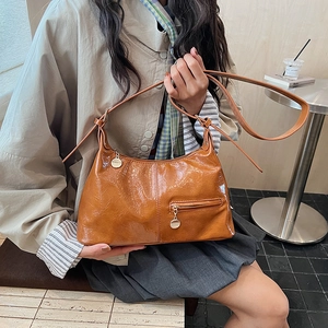 Retro brown glossy shoulder bag in high-shine PU leather for stylish casual office wear