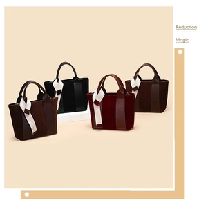 Detailed display of vintage tote bags in four colors with suede and leather patchwork